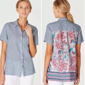 J. Jill Chambray Striped Short Sleeve Button Down Colorful Floral Back
